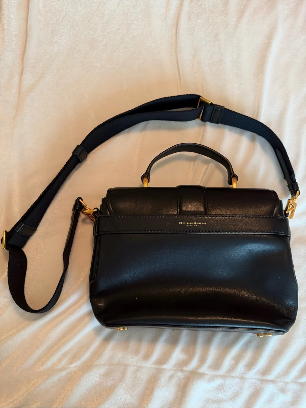 Donna Karan Black Leather Top-Handle Shoulder Bag, Gold Hardware, detachable str - Picture 2 of 11